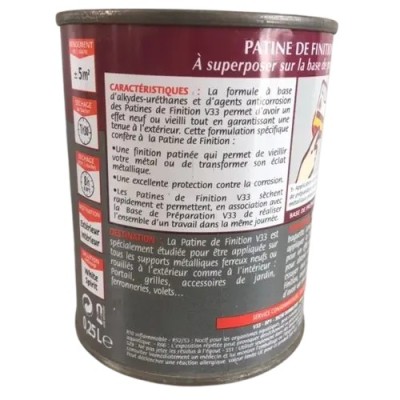 Patine de Finition antirouille V33 0,25L Aluminium 3153890116560 V33 5,00 € 5,00 € Patine de Finition antirouille V33 0,25L Aluminium 3153890116560 V33 5,00 € 5,00 €