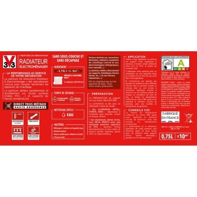 Peinture de rénovation radiateur et électroménager acrylique V33 satin blanc 0,75 L 3153895116503 V33 32,90 € 16,45 €