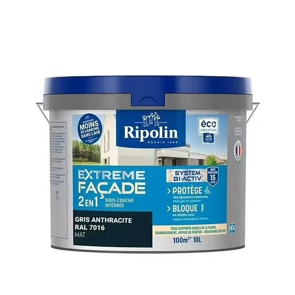 Peinture Mat Façade 2 en 1 Avec Sous RIPOLIN  RAL7016 Gris Anthracite 10L