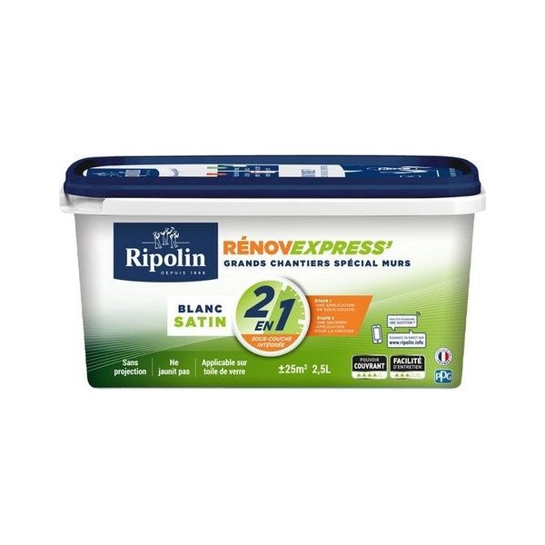 Peinture Mur Plafond Et Boiserie Ripolin Renov Express Blanc Satiné, 2.5 L