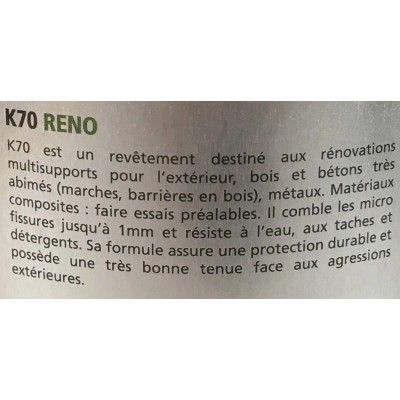 Peinture de renovation des sols exterieurs K70 RENO KIRIOL 3341302292050 Kiriol 9,90 € 9,90 € Peinture de renovation des sols exterieurs K70 RENO KIRIOL 3341302292050 Kiriol 9,90 € 9,90 €