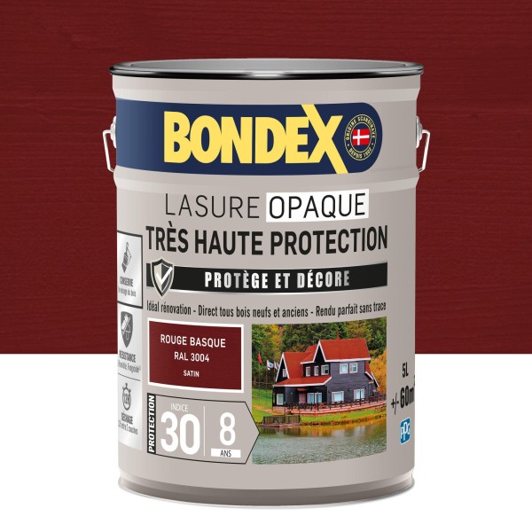 Lasure opaque très haute protection indice30 / 8 ANS BONDEX 5L ROUGE BASQUE SATIN RAL 3004